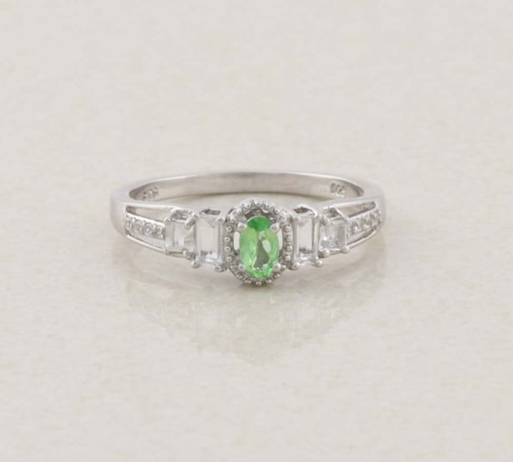 Sterling Silver Natural Green Gemstone and White Zircon Ring Size 9 1/4